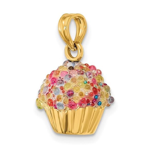 14k Yellow Gold 3D Bead Icing Cupcake Pendant - Picture 4 of 6